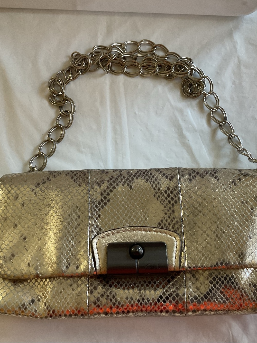 COACH Y2K Metallic Gold Python Embossed Leather Flap Clutch/Shoulder Bag